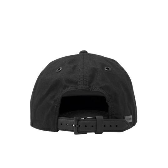 Rear view of a black baseball cap with an adjustable strap and black buckle, shown on a plain white background.
