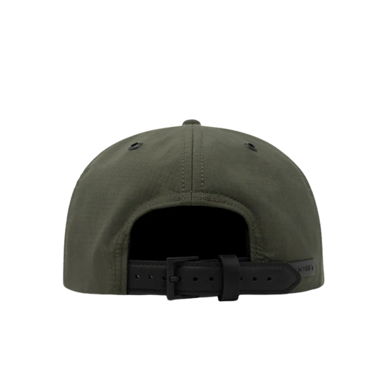 The back view of an olive green snapback cap with a black adjustable strap and black eyelets, shown on a plain white background.