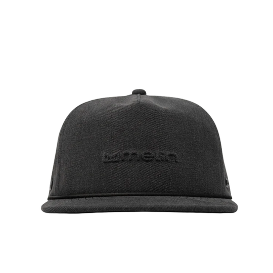A black flat-brim snapback cap with a tonal black embroidered logo on the front, shown against a plain white background.