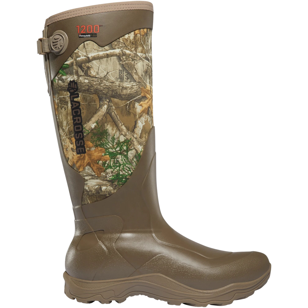 Camouflage-patterned boot with a brand logo on a white background