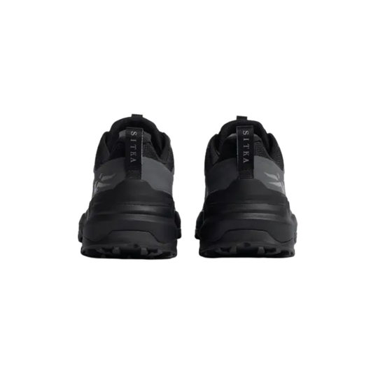Black and dark gray sitka trail running shoes shown from the rear on a plain white background.