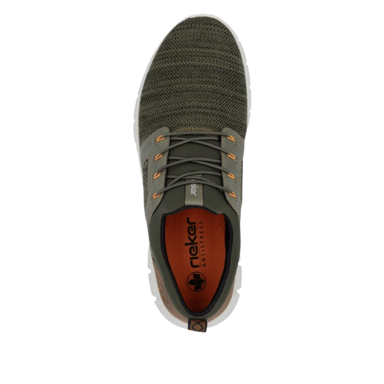 A top-down view of a single Ruker hiking shoe in olive green and gray, featuring orange accents on the laces and interior lining, set against a plain white background.