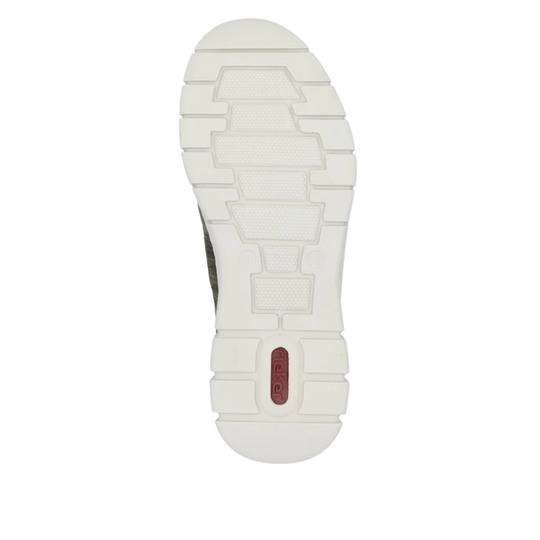The outsole of a shoe, shown from a top-down view. The sole is predominantly off-white with a textured tread pattern and a small red vertical accent near the heel containing the embossed brand name 'rieker'.