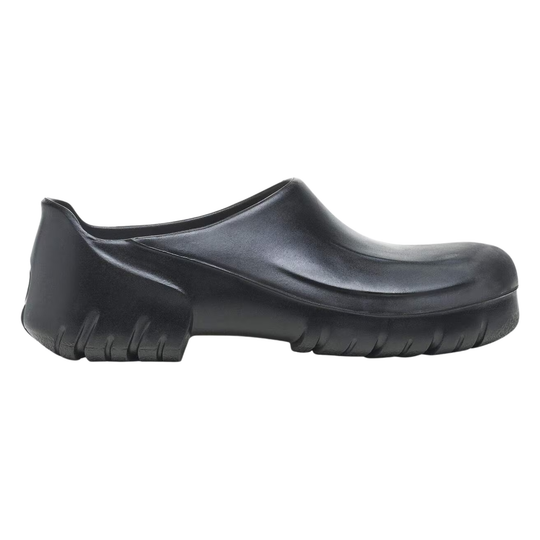 A single black slip-on clog shoe with a thick, textured sole, shown in a side profile view against a plain white background.