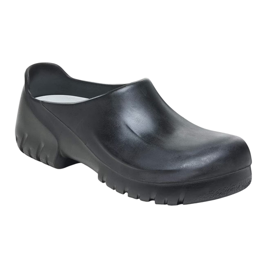 A black rubber clog shoe with a low, chunky sole and a slightly slanted open back, shown from a three-quarters angle on a white background.