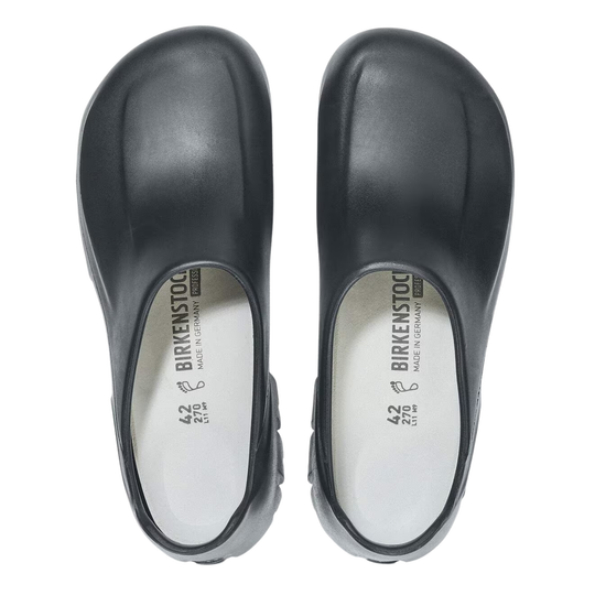 A pair of Birkenstock black rubber clogs shown from a top-down view on a white background, displaying the white insoles with brand text.