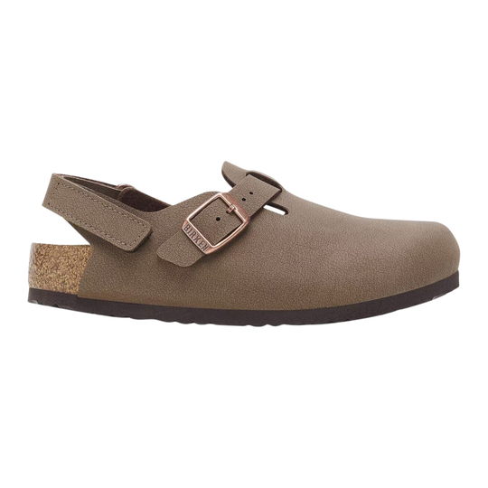 A single taupe-brown clog shoe with a suede-like finish, featuring a double strap design with a rose gold buckle and a cork heel, shown against a plain white background.