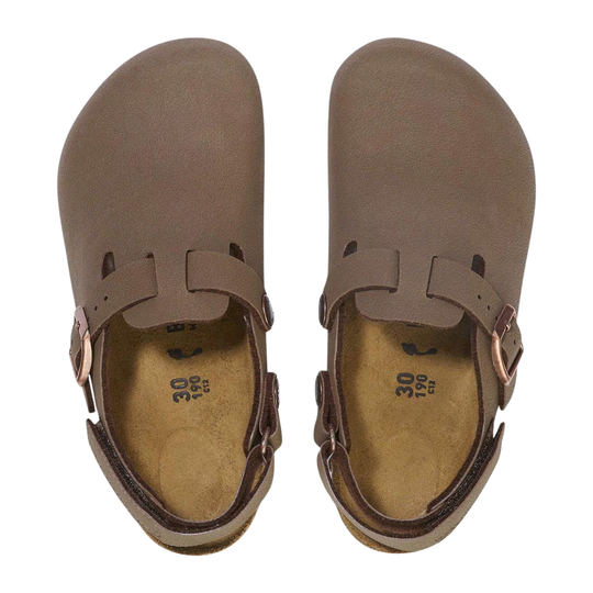 A pair of Birkenstock Birkas sandals in taupe brown suede, shown from a top-down view on a white background.