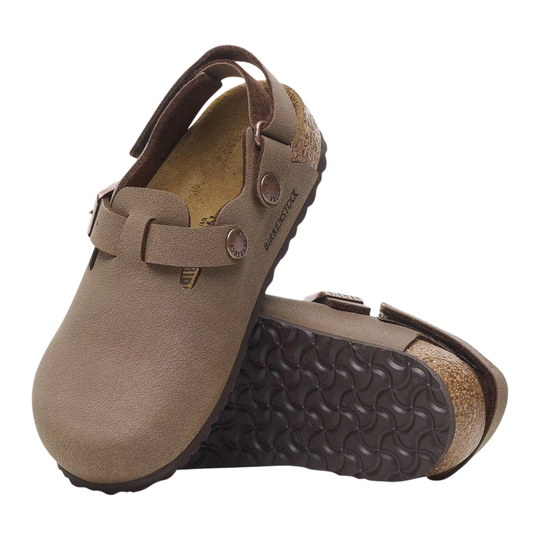 Brown clogs with a textured sole on a white background