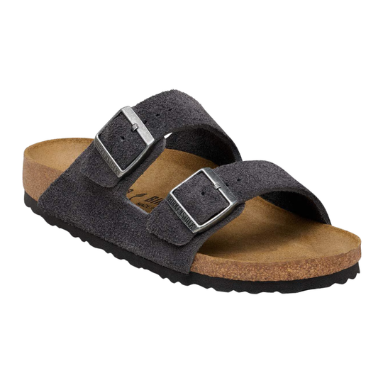 A dark gray double-strap sandal with silver-tone buckles, a cork-look footbed, and a black outsole, shown on a plain white background.