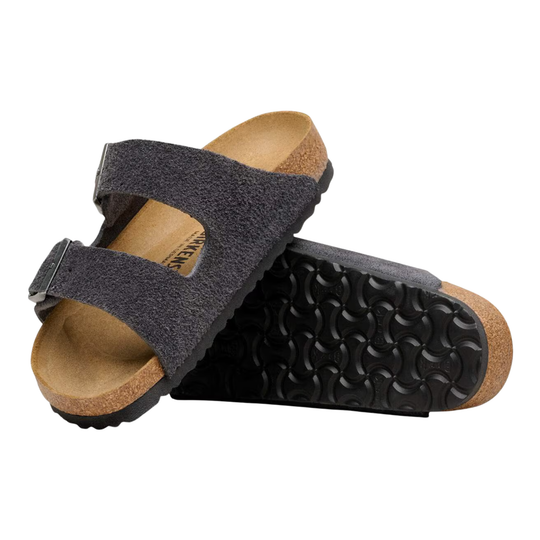 Pair of gray sandals with cork insole on a white background