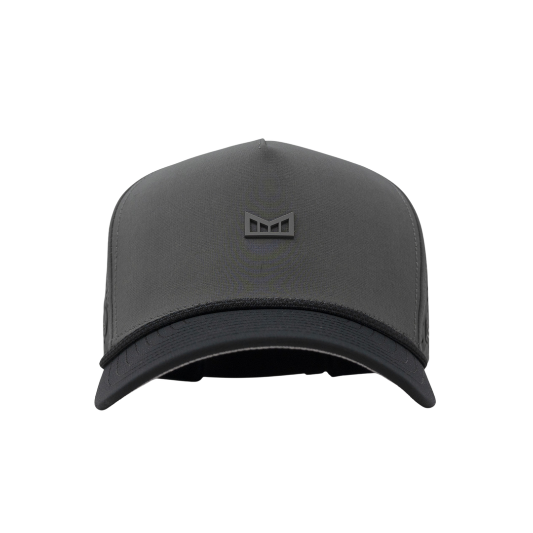 A dark gray structured trucker cap with a small black geometric logo on the front, set against a plain white background.