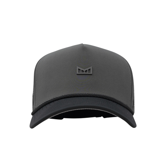 A dark gray structured trucker cap with a small black geometric logo on the front, set against a plain white background.