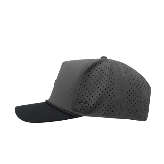 A dark gray and black baseball cap with perforated panels on the crown, shown from a side profile view against a plain white background.