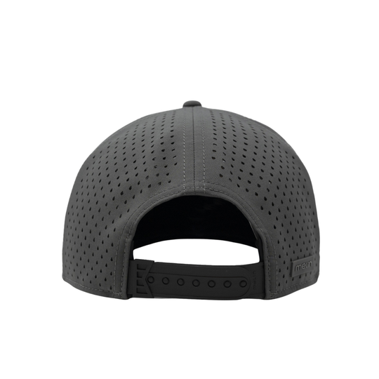 Rear view of a dark gray perforated baseball cap with an adjustable strap on a white background.