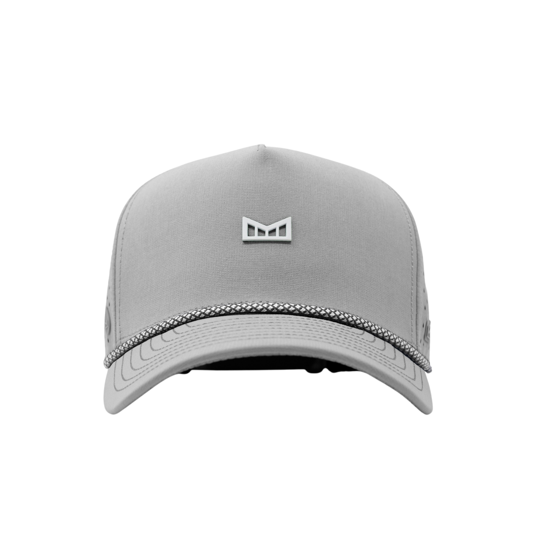 The front view of a light gray perforated baseball cap with an adjustable strap and a small 'melin' brand logo on the side.