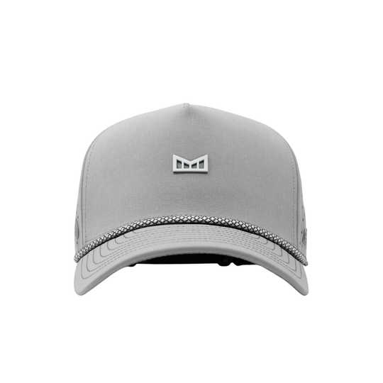 The front view of a light gray perforated baseball cap with an adjustable strap and a small 'melin' brand logo on the side.