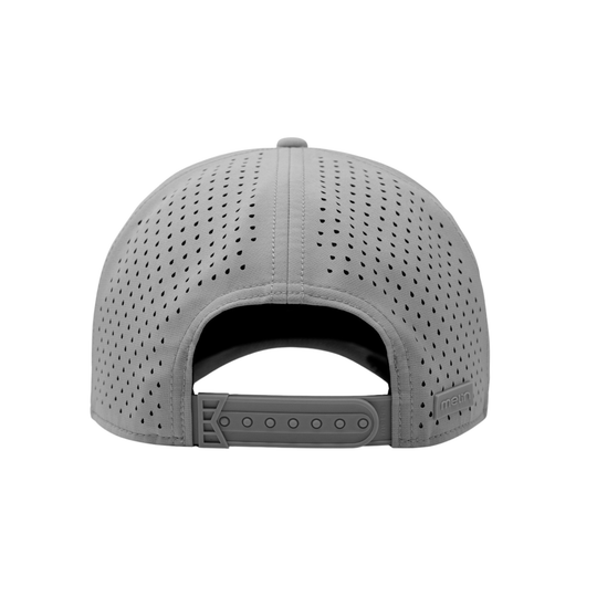 The back view of a light gray perforated baseball cap with an adjustable strap and a small 'melin' brand logo on the side.