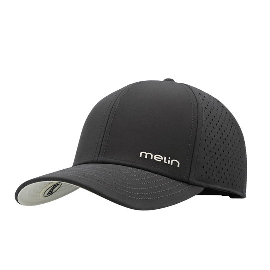 A dark gray performance baseball cap with a beige rectangular patch on the front displaying the 'melin' logo, shown against a plain white background.
