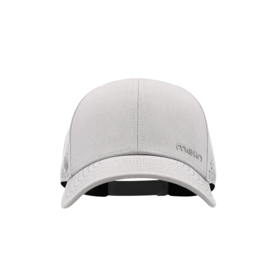 A light gray Melin baseball cap shown from the front on a solid white background.