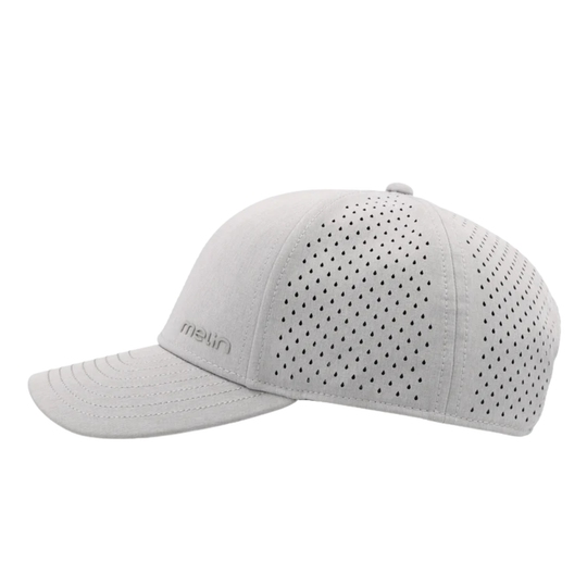 A light gray Melin baseball cap shown from the side on a solid white background.