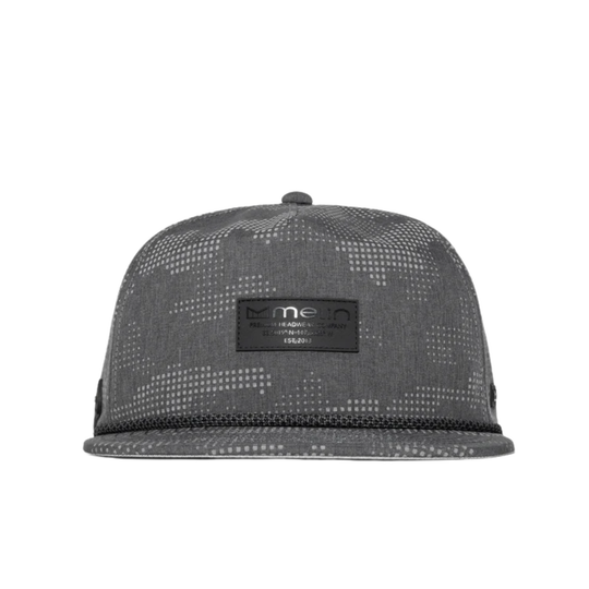 A dark gray patterned snapback cap with a black rectangular patch on the front displaying the 'melin' brand logo, shown against a plain white background.