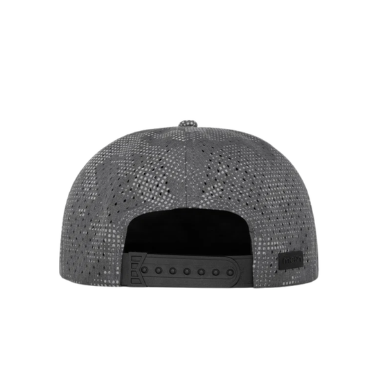 The back view of a dark gray structured snapback cap with a textured, perforated mesh pattern and an adjustable black plastic closure.