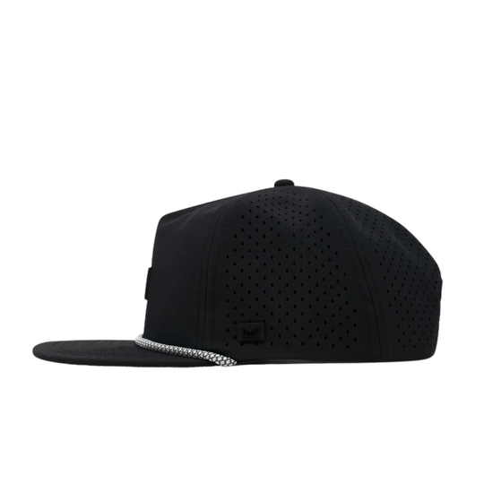 Black cap with a textured brim on a light gray background