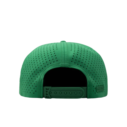 The back view of a green perforated snapback cap on a solid white background.