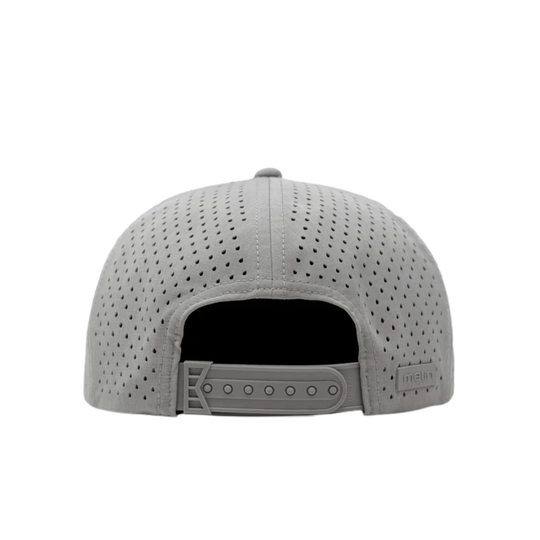 The back view of a light gray structured snapback cap with a perforated fabric crown and an adjustable strap, shown on a solid white background.