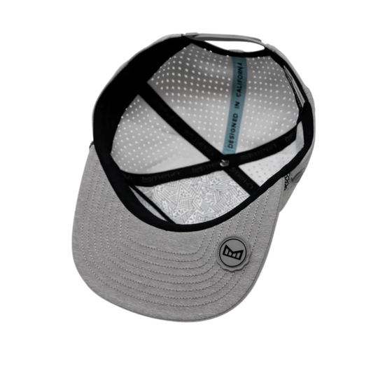 A light gray structured baseball cap with black mesh back panels, black adjustable straps, and a small circular black logo on the front brim, shown against a plain white background.