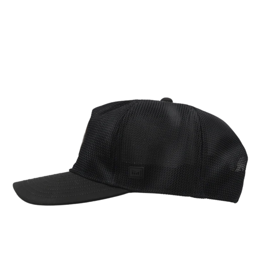 Black cap with brown logo on a white background