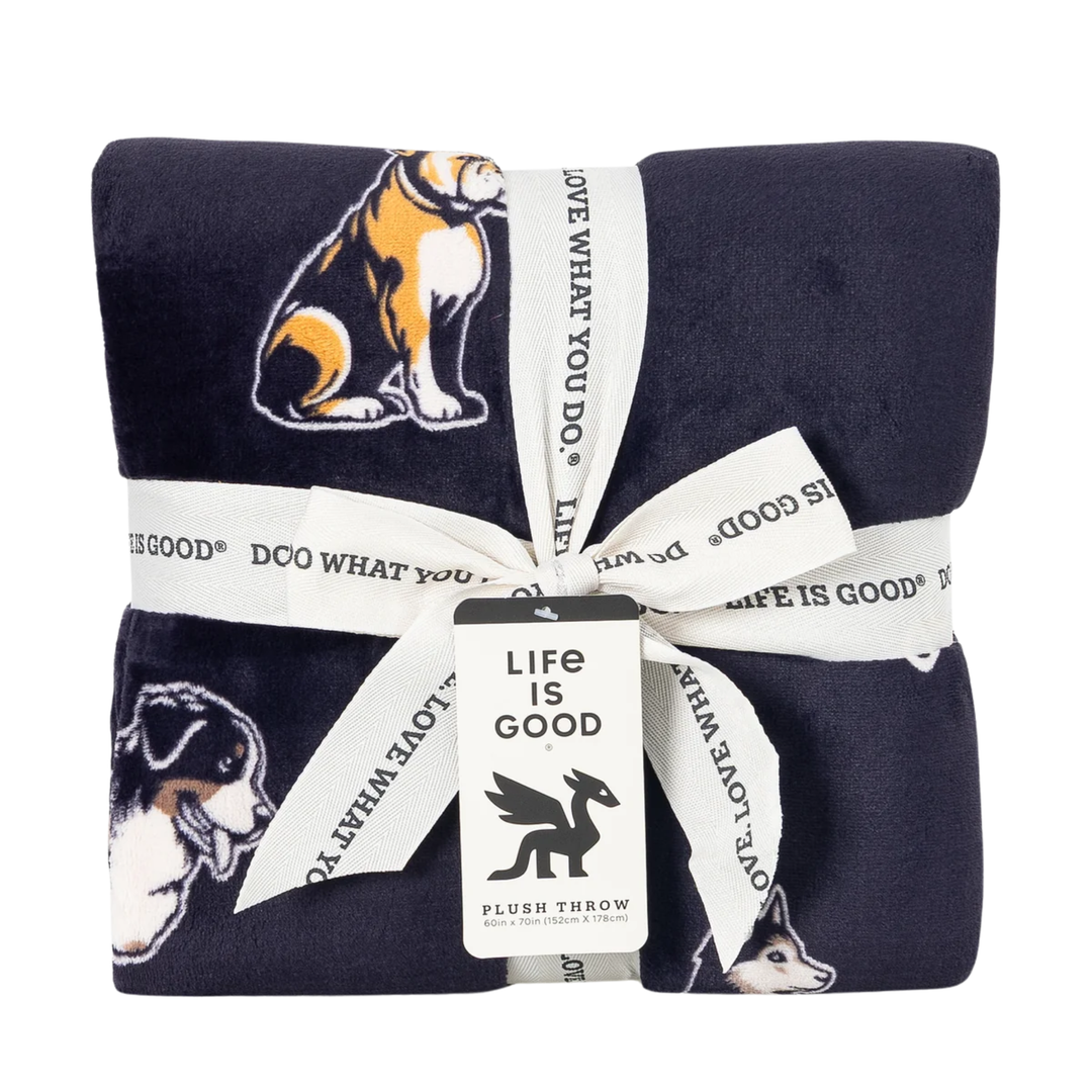 Life Is Good Winter Dog Plush Throw Blanket - Inkwell Blue on a plain white background