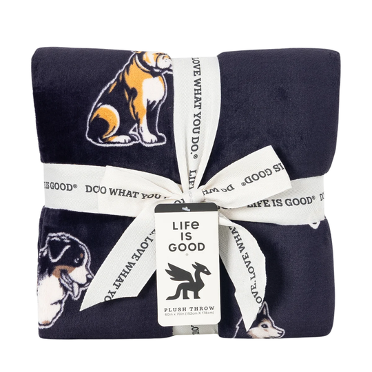 Life Is Good Winter Dog Plush Throw Blanket - Inkwell Blue on a plain white background