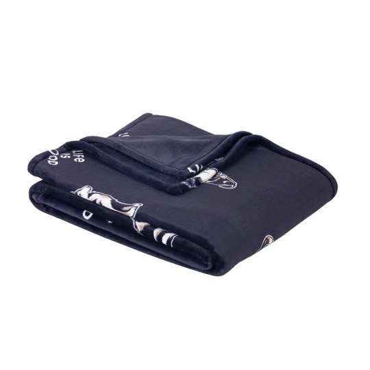 A folded navy blue blanket featuring white printed graphics of a dogs and the phrase 'life is good', shown on a plain white background.