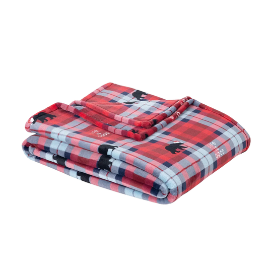 A folded red, gray, and black plaid blanket with black bear graphics and white text reading 'Life Is Good', shown on a plain white background.