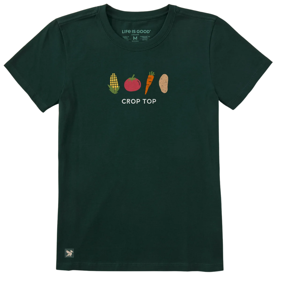 A dark green short-sleeve t-shirt with a graphic of four vegetables (corn, tomato, carrot, potato) and the text 'CROP TOP' printed on the chest, shown against a plain white background.