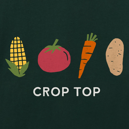 A dark green graphic with stylized illustrations of a yellow corn cob, a red tomato, an orange carrot, and a beige potato above the white text 'CROP TOP'.