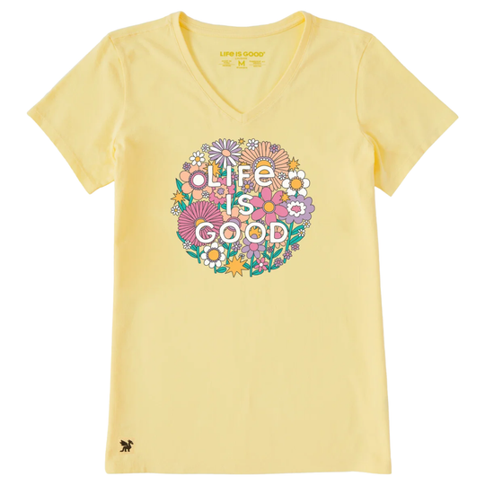 Yellow t-shirt with 'Life is Good' floral design on a white background