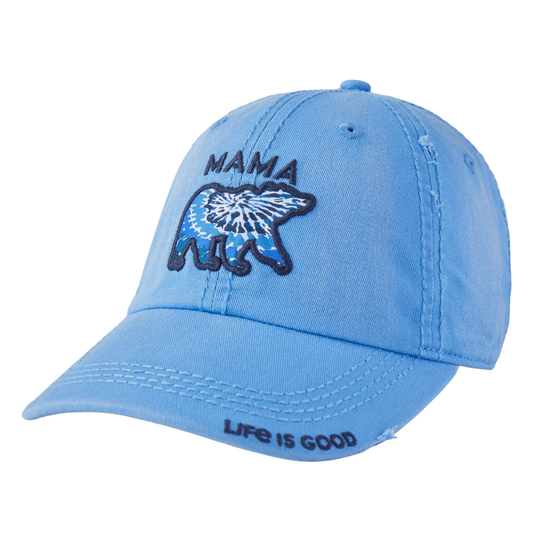 A light blue baseball cap featuring an embroidered polar bear design with the word 'MAMA' above it and 'LIFE IS GOOD' on the brim, shown on a plain white background.
