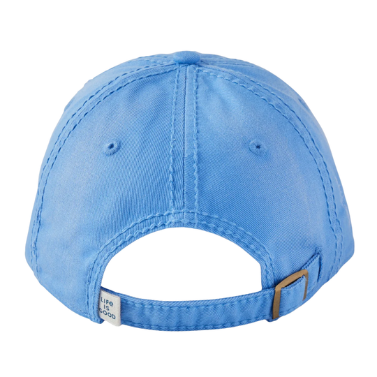 The back view of a light blue baseball cap with an adjustable strap and a small white brand tag that reads 'LIFE IS GOOD'.