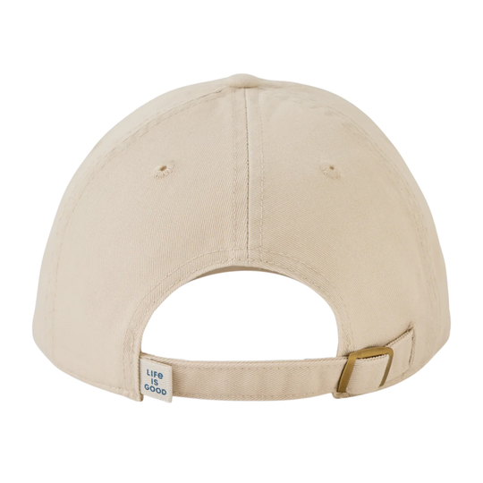 Back view of a beige baseball cap with an adjustable strap and a small white 'life is good' brand tag.