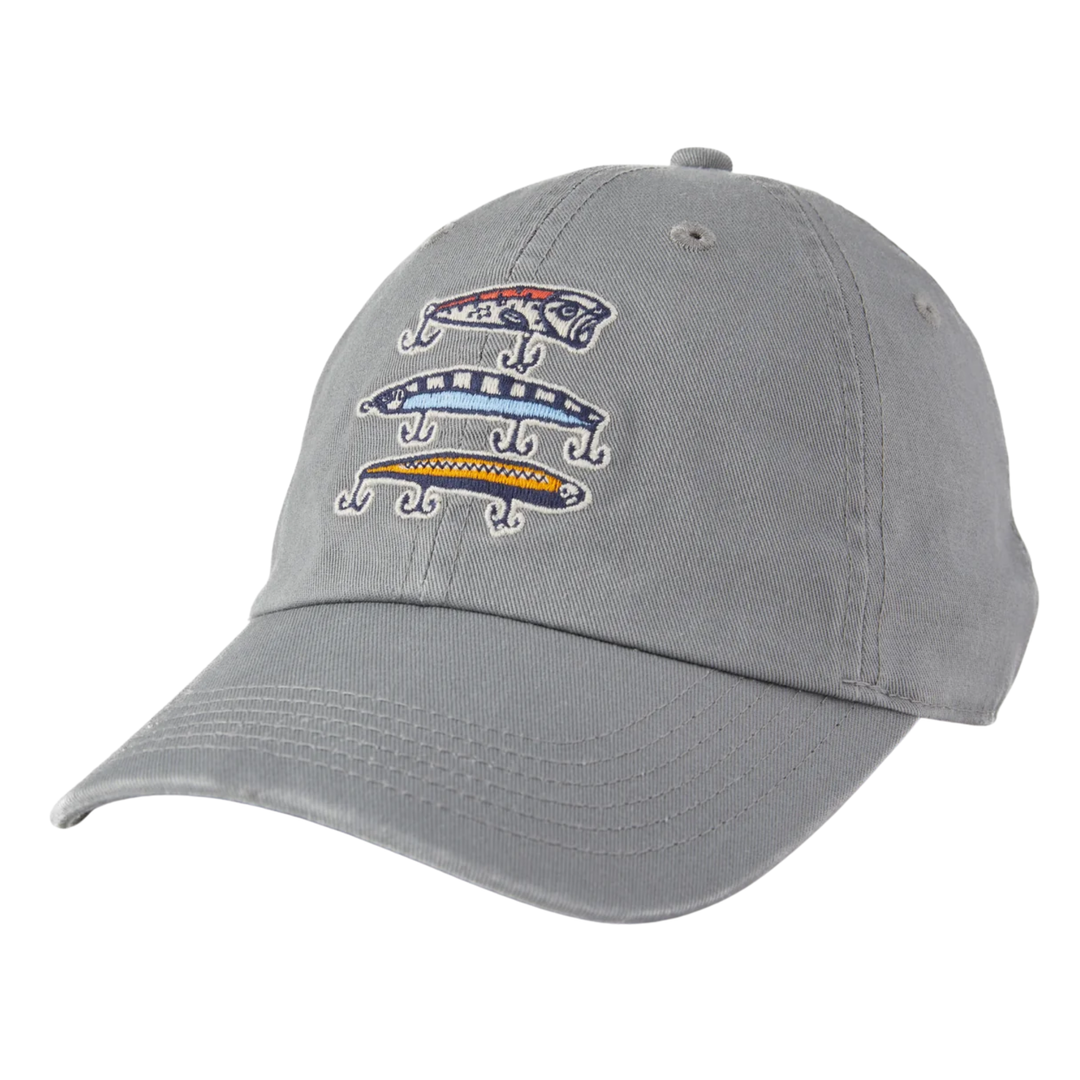 A gray baseball cap featuring embroidered fish logos on the front panel in blue, red, yellow, and white.