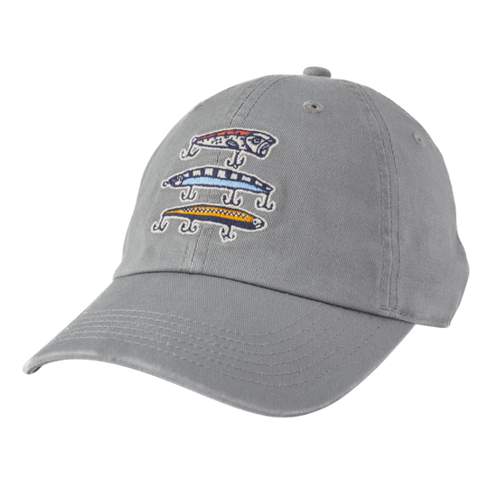 A gray baseball cap featuring embroidered fish logos on the front panel in blue, red, yellow, and white.