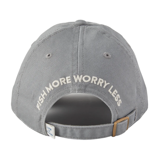 A gray cotton baseball cap shown from the back, featuring the phrase 'FISH MORE WORRY LESS' embroidered in white across the crown. The cap has an adjustable fabric back strap with a small tan leather accent and a small white brand tag near the strap.