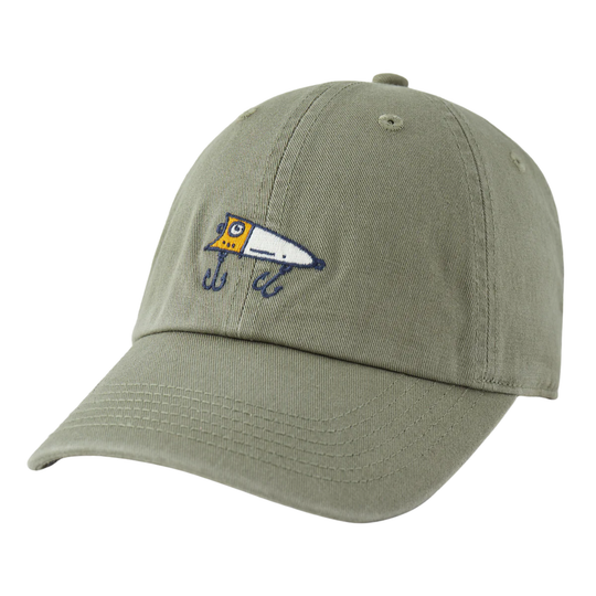 An olive green cotton baseball cap featuring an embroidered fishing lure logo on the front, set against a plain white background.
