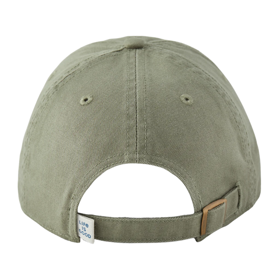 The back view of an olive green baseball cap with an adjustable strap and a small white brand tag reading 'Life is Good'.