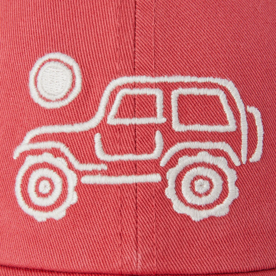 Red cap with white outline of a vehicle design on a red background