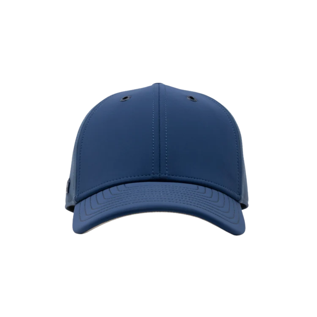 A solid blue structured baseball cap with a curved brim, shown from the front on a plain white background.