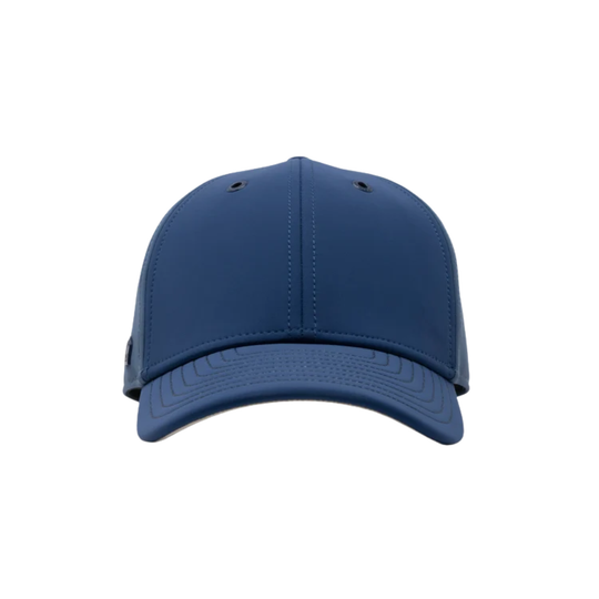 A solid blue structured baseball cap with a curved brim, shown from the front on a plain white background.
